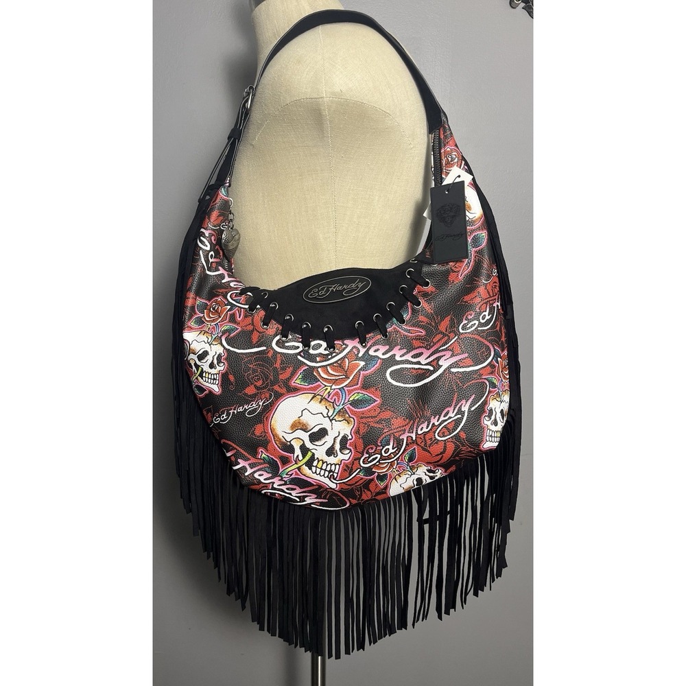 NWT Ed Hardy Fringed Hobo Shoulder Bag Skulls & Roses Red